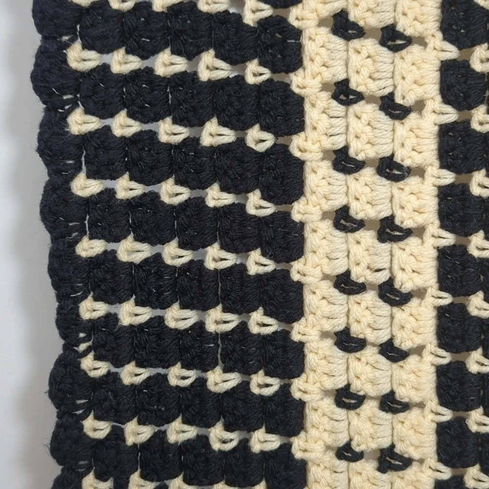 Vintage Handmade Crochet Afghan Granny Square‎ Blanket in Black Cream Brown Cozy